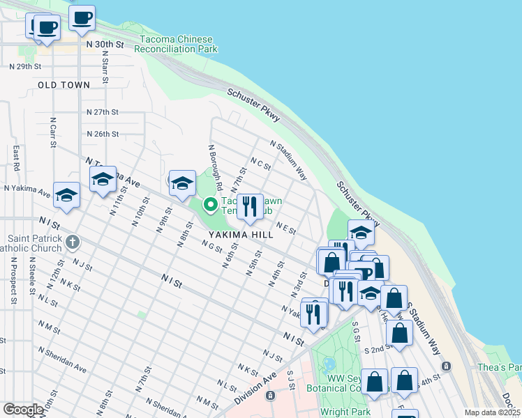 map of restaurants, bars, coffee shops, grocery stores, and more near 519 North E Street in Tacoma