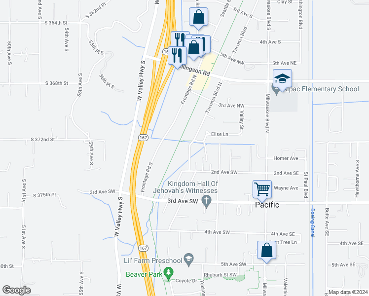 map of restaurants, bars, coffee shops, grocery stores, and more near 104 Tacoma Boulevard South in Pacific