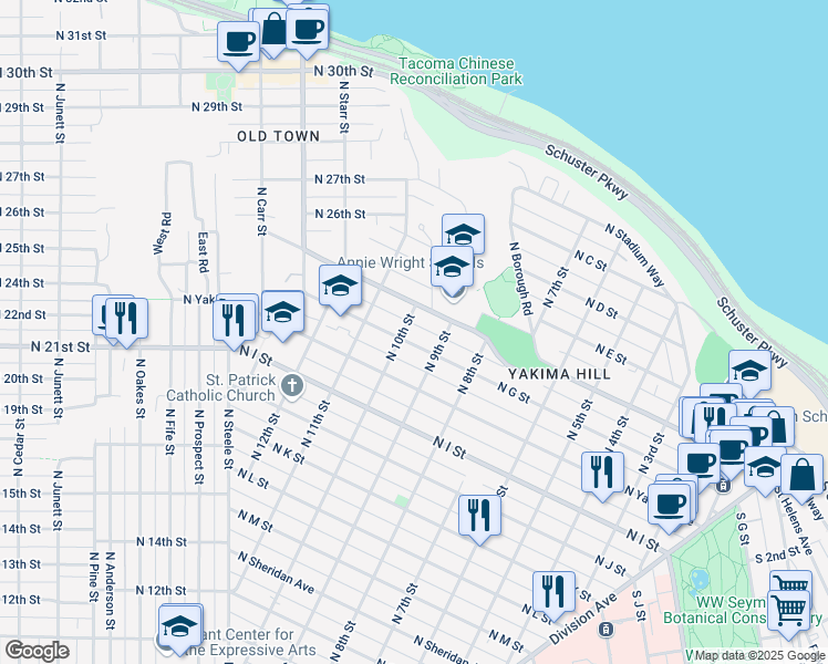 map of restaurants, bars, coffee shops, grocery stores, and more near 1001 North G Street in Tacoma