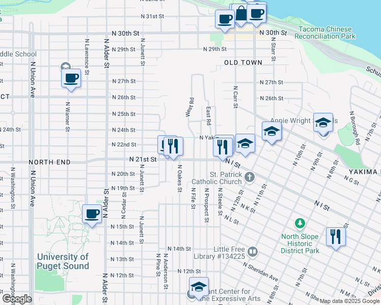 map of restaurants, bars, coffee shops, grocery stores, and more near 2112 North Fife Street in Tacoma