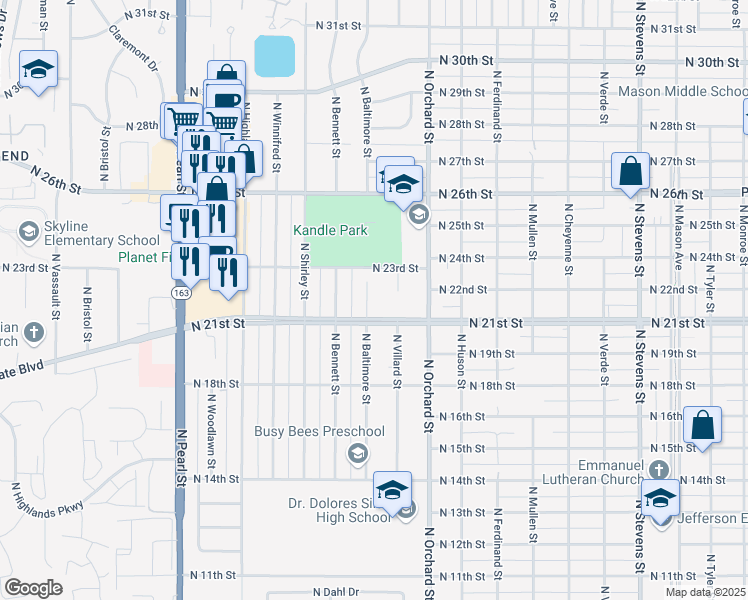 map of restaurants, bars, coffee shops, grocery stores, and more near 2117 North Baltimore Street in Tacoma