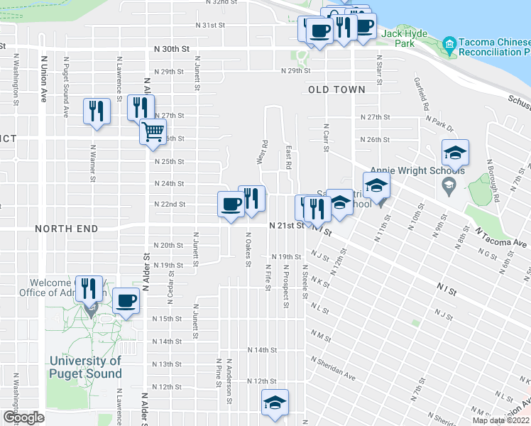 map of restaurants, bars, coffee shops, grocery stores, and more near 2112 North Fife Street in Tacoma