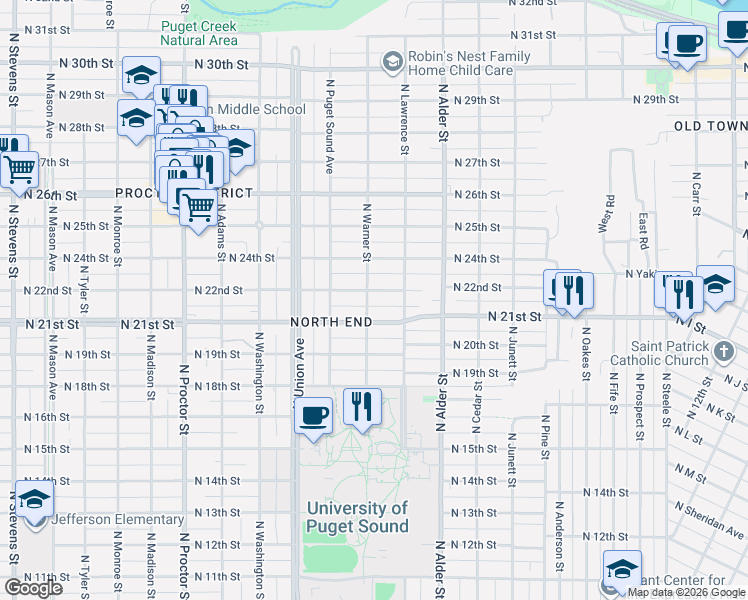 map of restaurants, bars, coffee shops, grocery stores, and more near 3324 North 22nd Street in Tacoma