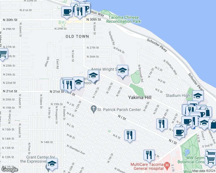 map of restaurants, bars, coffee shops, grocery stores, and more near 1001 North G Street in Tacoma