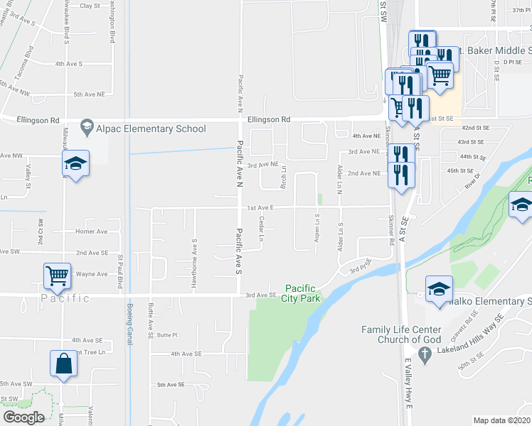 map of restaurants, bars, coffee shops, grocery stores, and more near 103 Cedar Lane in Pacific