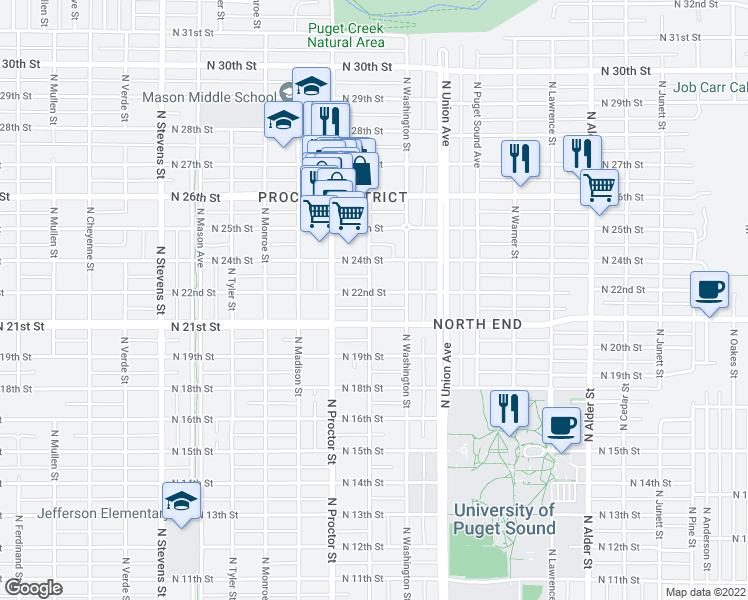 map of restaurants, bars, coffee shops, grocery stores, and more near 3724 North 22nd Street in Tacoma
