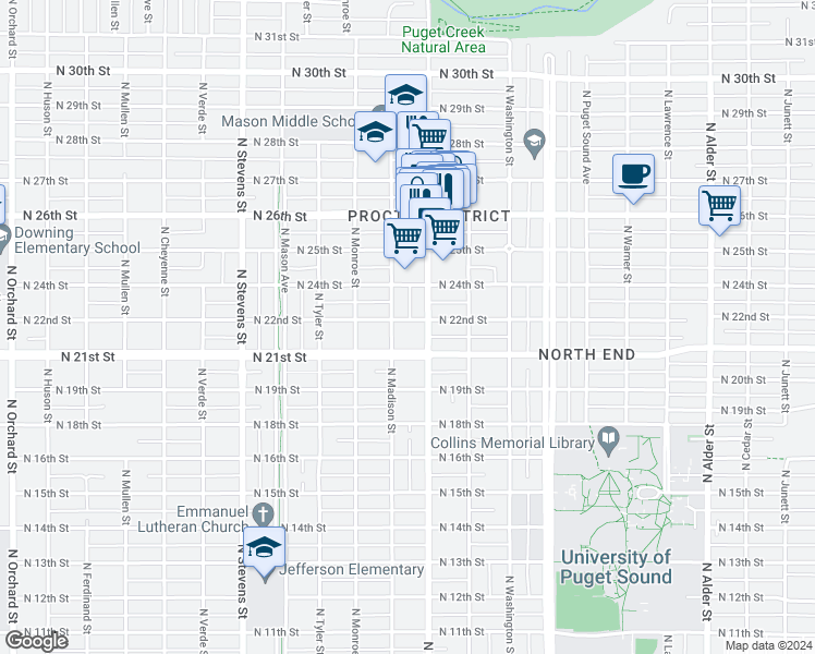 map of restaurants, bars, coffee shops, grocery stores, and more near 3912 North 22nd Street in Tacoma