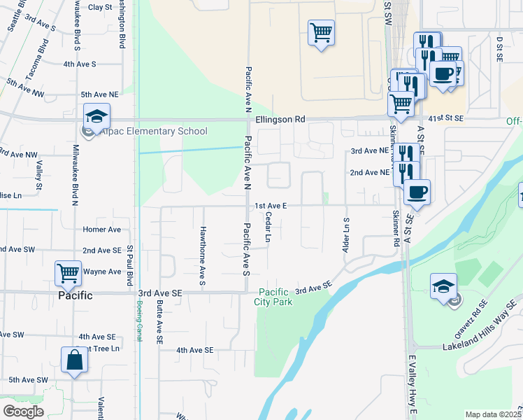 map of restaurants, bars, coffee shops, grocery stores, and more near 103 Cedar Lane in Pacific