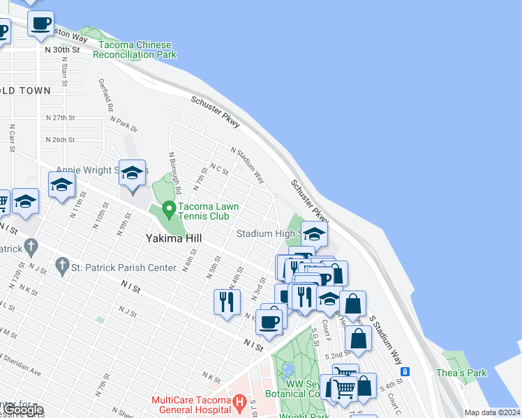 map of restaurants, bars, coffee shops, grocery stores, and more near 316 North 4th Street in Tacoma