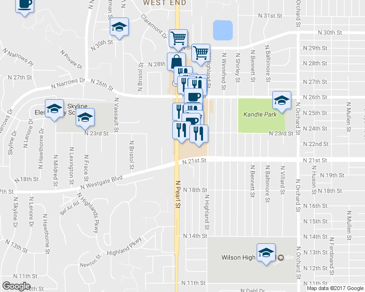 map of restaurants, bars, coffee shops, grocery stores, and more near 2203 N Pearl St in Tacoma