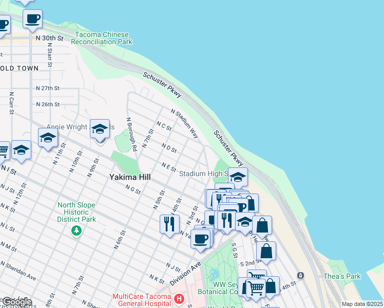 map of restaurants, bars, coffee shops, grocery stores, and more near 424 North D Street in Tacoma