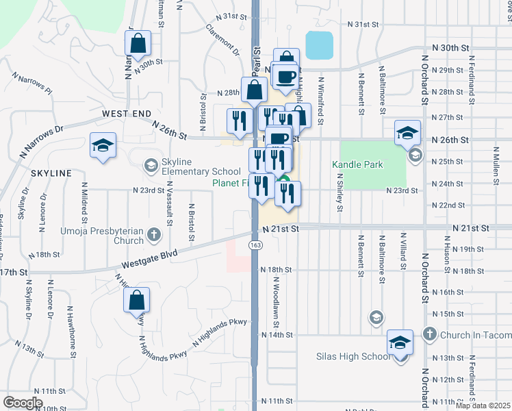 map of restaurants, bars, coffee shops, grocery stores, and more near 2203 North Pearl Street in Tacoma