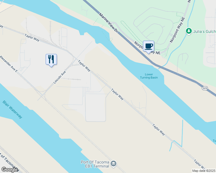 map of restaurants, bars, coffee shops, grocery stores, and more near 2600 Taylor Way in Tacoma
