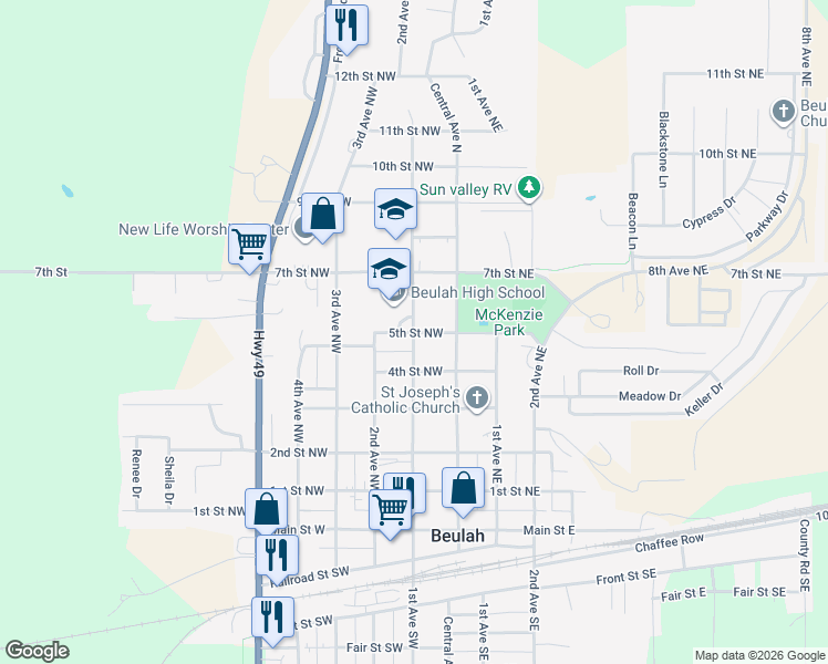 map of restaurants, bars, coffee shops, grocery stores, and more near 204 5th Street Northwest in Beulah