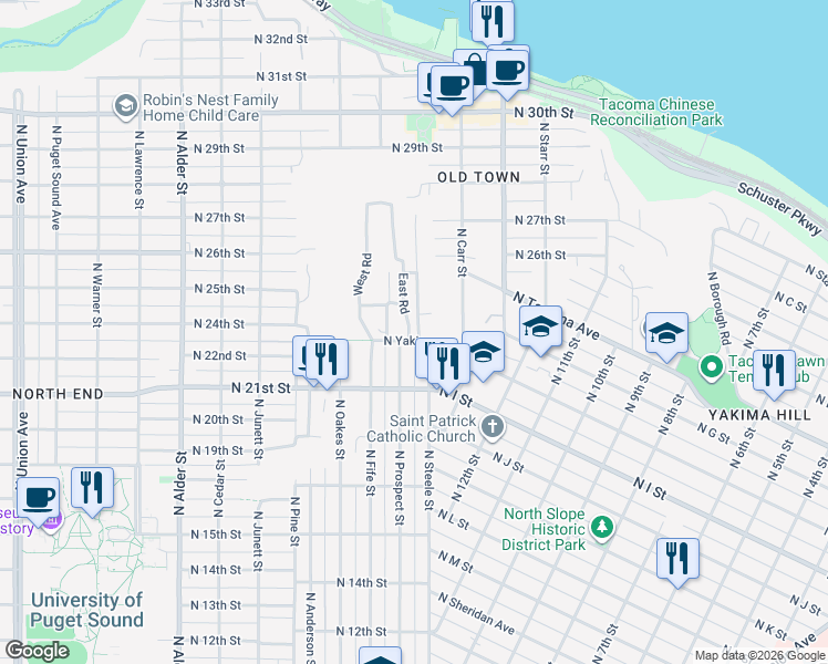 map of restaurants, bars, coffee shops, grocery stores, and more near 17 East Road in Tacoma