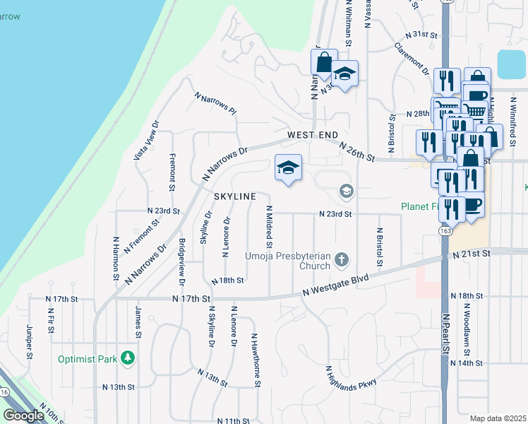 map of restaurants, bars, coffee shops, grocery stores, and more near 2136 North Mildred Street in Tacoma