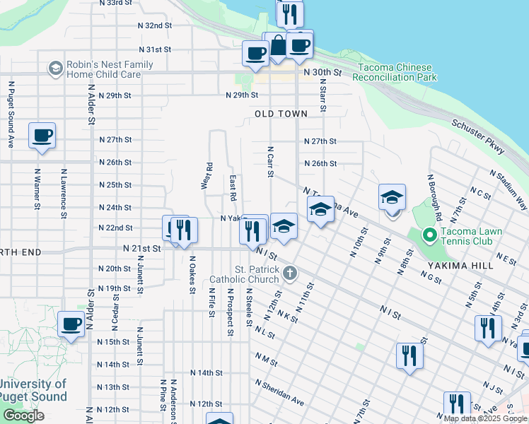 map of restaurants, bars, coffee shops, grocery stores, and more near 636 North Carr Street in Tacoma