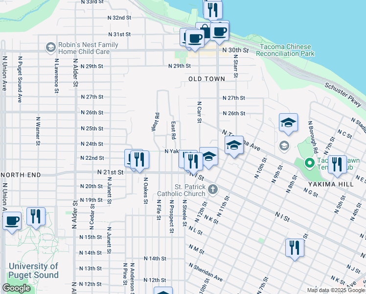 map of restaurants, bars, coffee shops, grocery stores, and more near 17 East Road in Tacoma