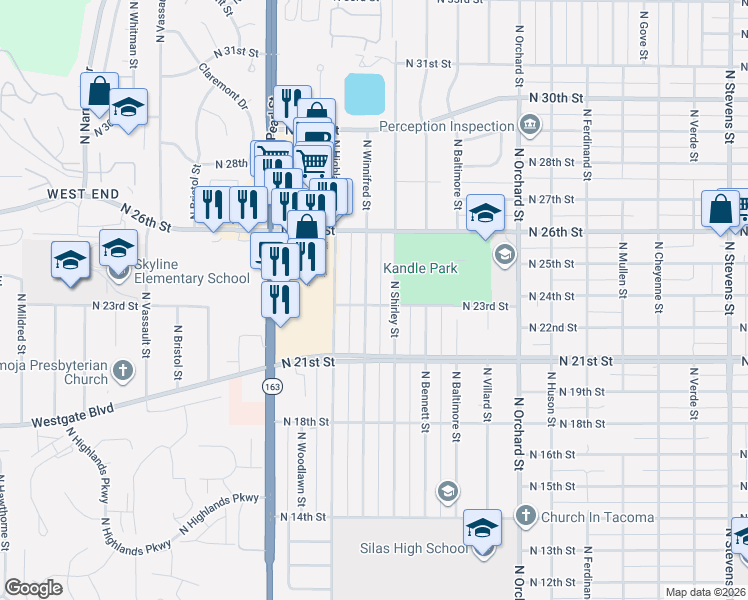 map of restaurants, bars, coffee shops, grocery stores, and more near 2314 North Shirley Street in Tacoma