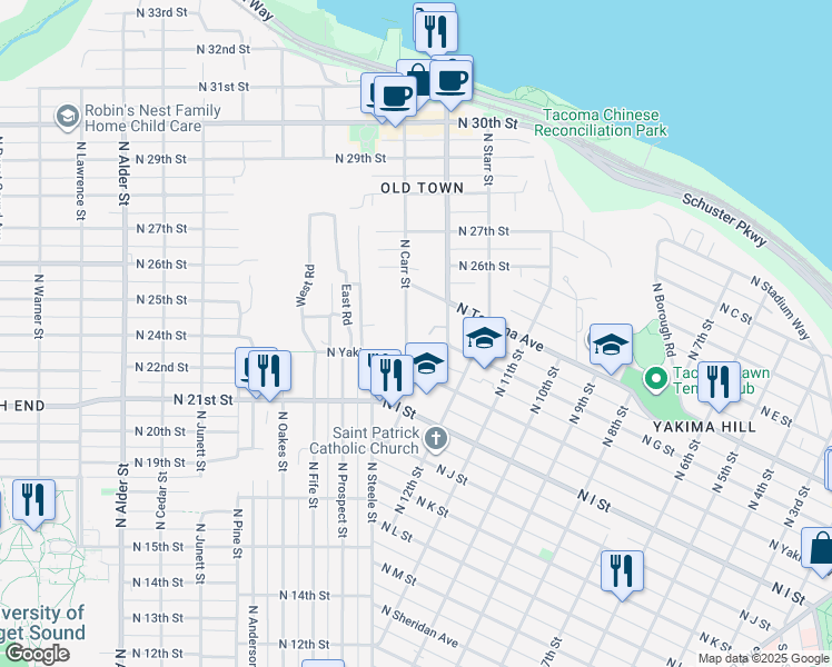 map of restaurants, bars, coffee shops, grocery stores, and more near 10 Mare Vista Terrace in Tacoma
