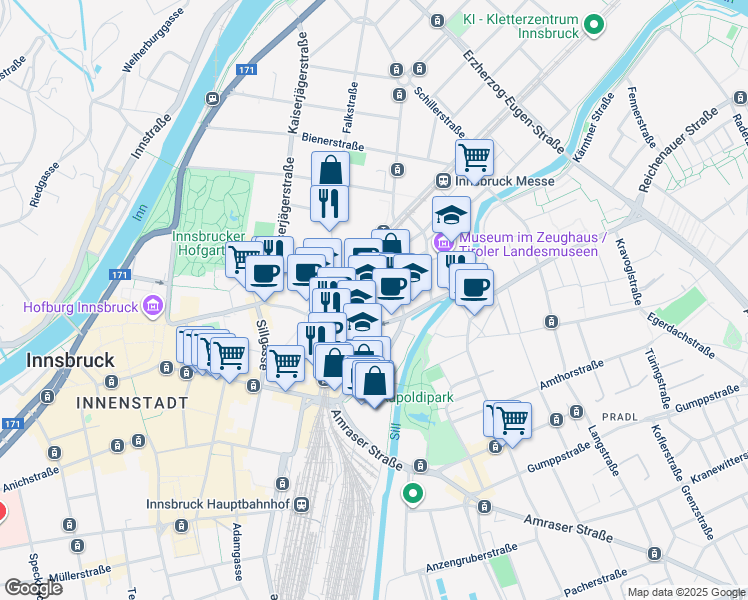 map of restaurants, bars, coffee shops, grocery stores, and more near in Innsbruck