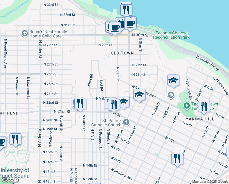 map of restaurants, bars, coffee shops, grocery stores, and more near 636 North Carr Street in Tacoma