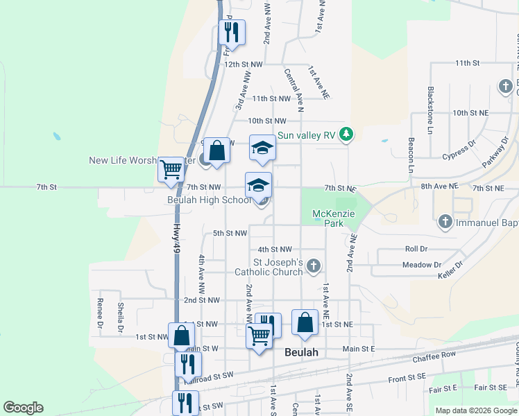 map of restaurants, bars, coffee shops, grocery stores, and more near 204 5th Street Northwest in Beulah
