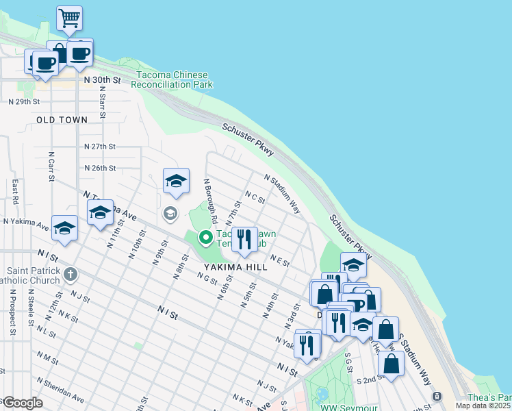 map of restaurants, bars, coffee shops, grocery stores, and more near 608 N C St in Tacoma