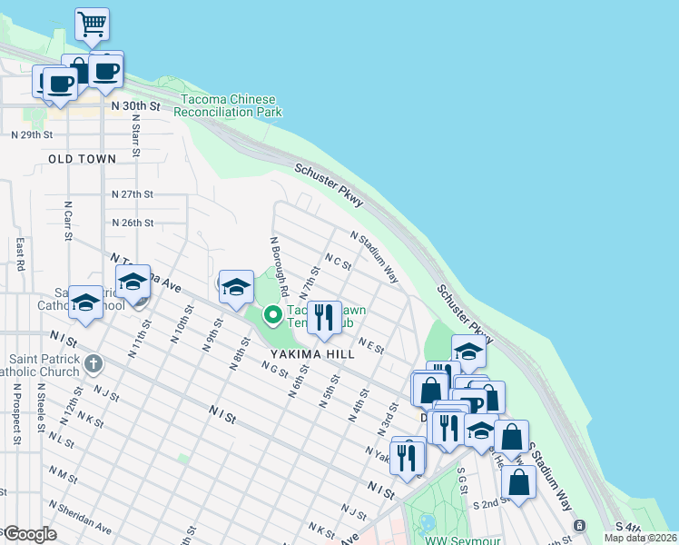 map of restaurants, bars, coffee shops, grocery stores, and more near 608 North C Street in Tacoma