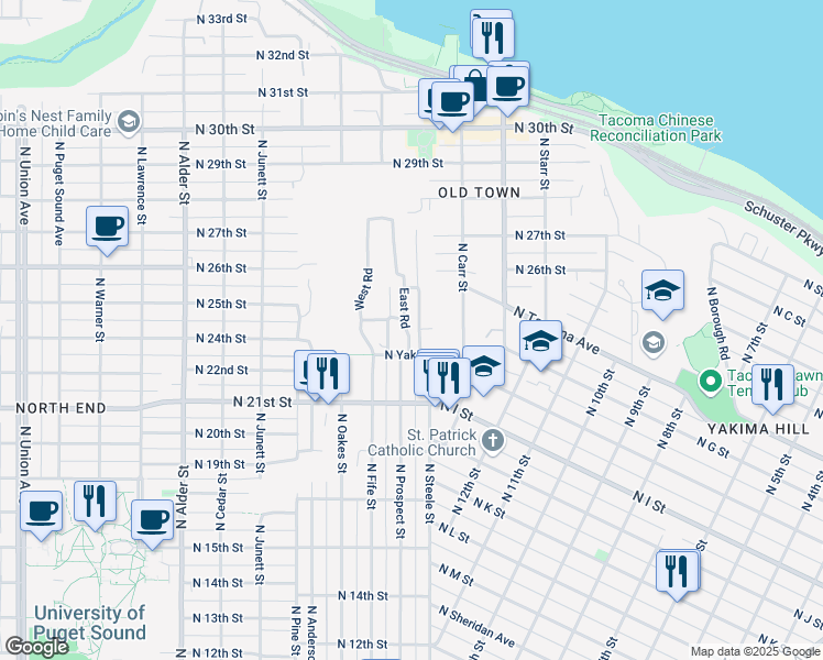 map of restaurants, bars, coffee shops, grocery stores, and more near 17 East Road in Tacoma