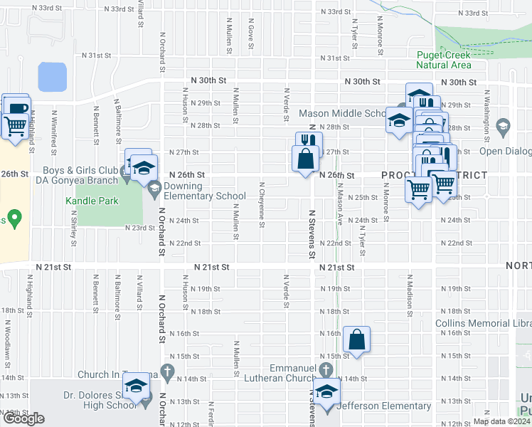map of restaurants, bars, coffee shops, grocery stores, and more near 2401 North Cheyenne Street in Tacoma