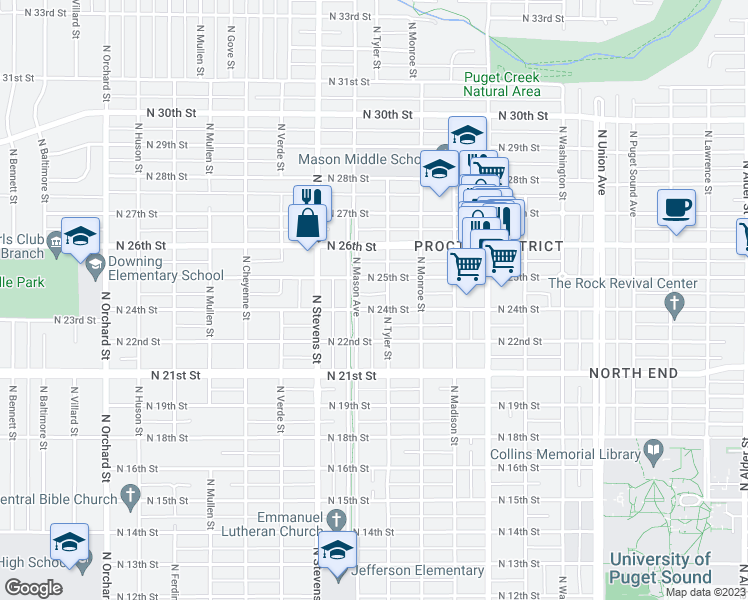 map of restaurants, bars, coffee shops, grocery stores, and more near 4209 North 24th Street in Tacoma