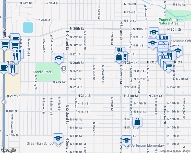 map of restaurants, bars, coffee shops, grocery stores, and more near 4621 N 24th St in Tacoma