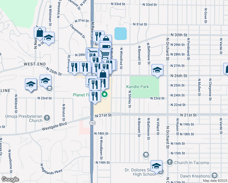 map of restaurants, bars, coffee shops, grocery stores, and more near 2313 North Highland Street in Tacoma