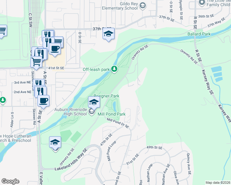 map of restaurants, bars, coffee shops, grocery stores, and more near 500 Oravetz Road Southeast in Auburn