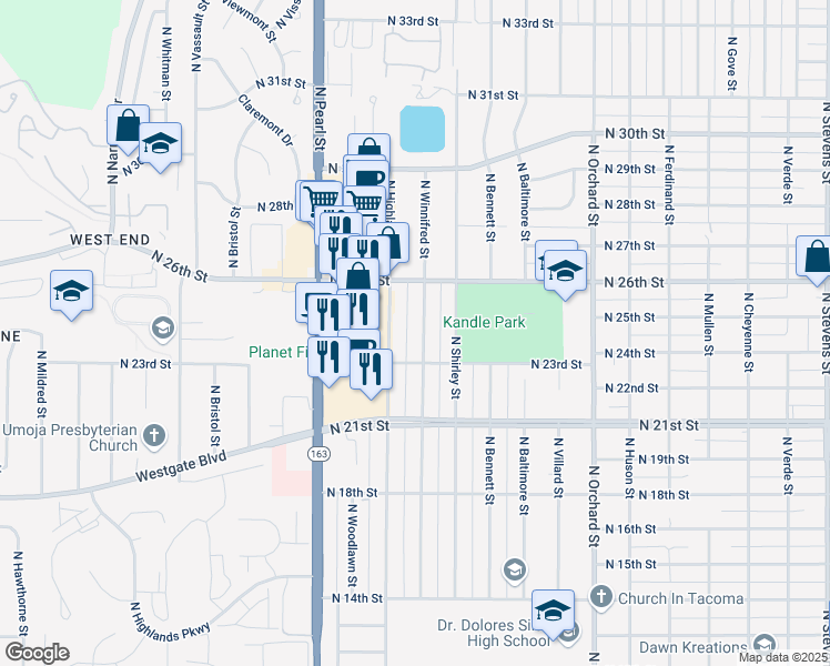 map of restaurants, bars, coffee shops, grocery stores, and more near 2313 North Highland Street in Tacoma