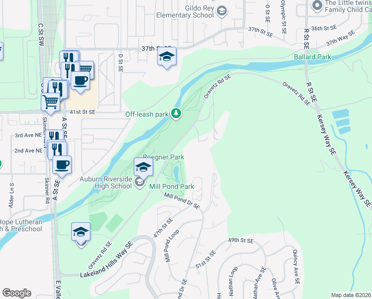 map of restaurants, bars, coffee shops, grocery stores, and more near 500 Oravetz Road Southeast in Auburn