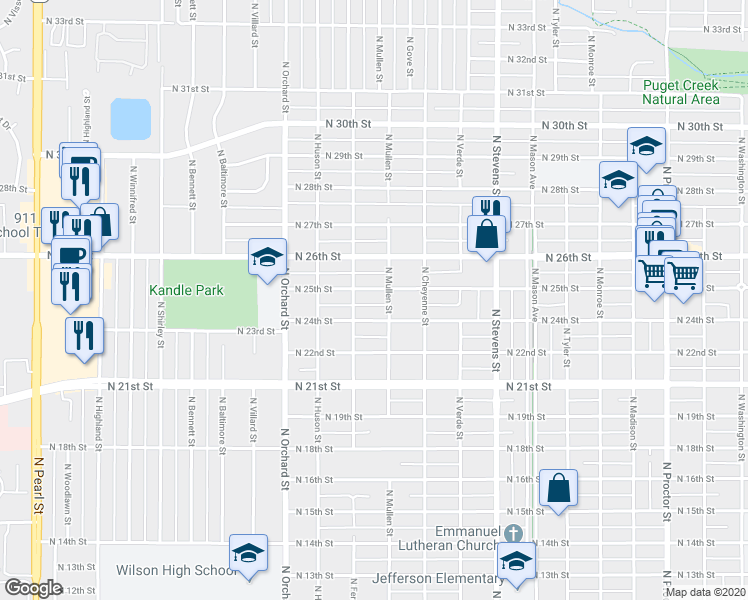 map of restaurants, bars, coffee shops, grocery stores, and more near 4821 North 24th Street in Tacoma