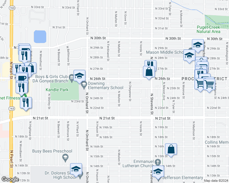 map of restaurants, bars, coffee shops, grocery stores, and more near 4810 North 25th Street in Tacoma