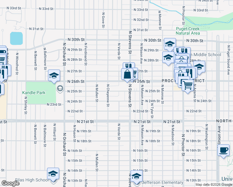 map of restaurants, bars, coffee shops, grocery stores, and more near 4417 North 24th Street in Tacoma