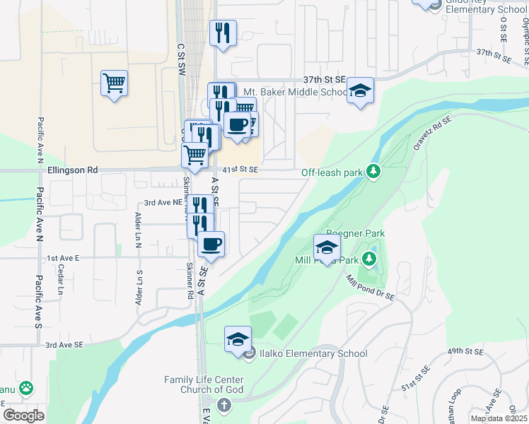 map of restaurants, bars, coffee shops, grocery stores, and more near 4248 A Street Southeast in Auburn