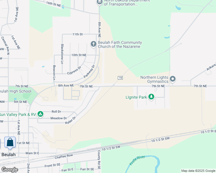 map of restaurants, bars, coffee shops, grocery stores, and more near 612 7th Street Northeast in Beulah