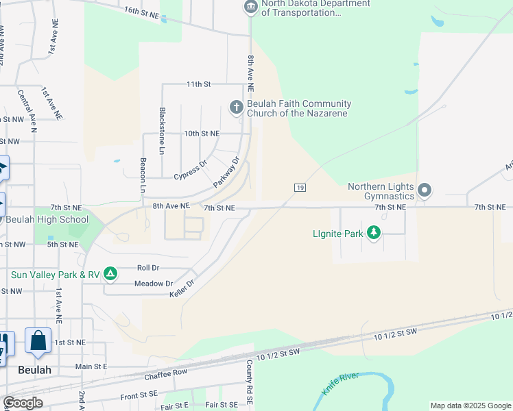 map of restaurants, bars, coffee shops, grocery stores, and more near 612 7th Street Northeast in Beulah