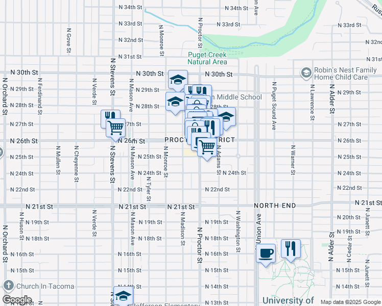 map of restaurants, bars, coffee shops, grocery stores, and more near 3916 North 26th Street in Tacoma