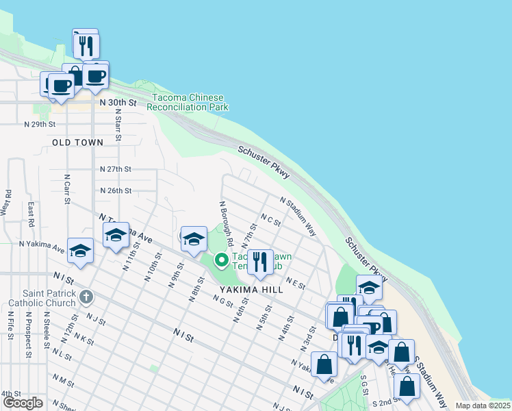 map of restaurants, bars, coffee shops, grocery stores, and more near 724 North Stadium Way in Tacoma
