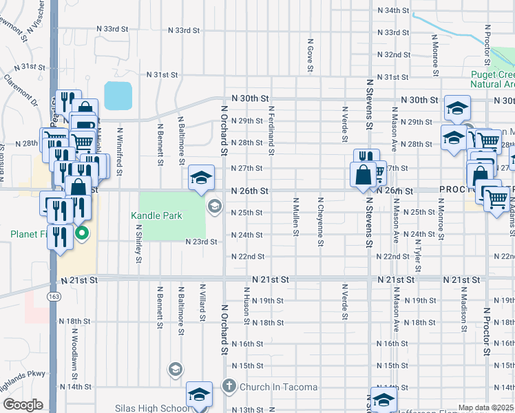 map of restaurants, bars, coffee shops, grocery stores, and more near in Tacoma