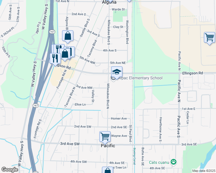 map of restaurants, bars, coffee shops, grocery stores, and more near 310 Milwaukee Boulevard North in Pacific