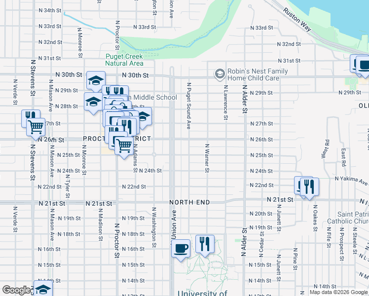map of restaurants, bars, coffee shops, grocery stores, and more near 2510 North Puget Sound Avenue in Tacoma