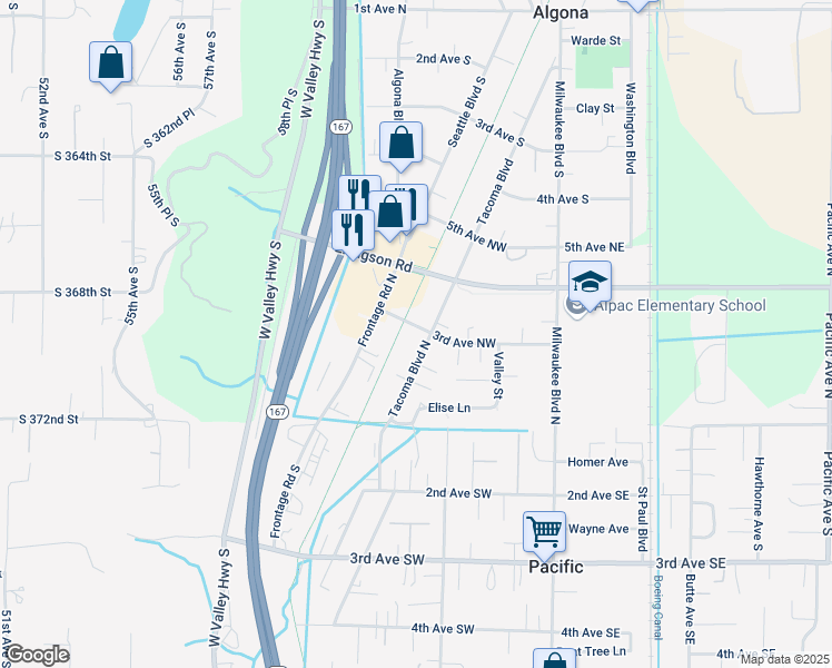 map of restaurants, bars, coffee shops, grocery stores, and more near 219 Tacoma Boulevard North in Pacific