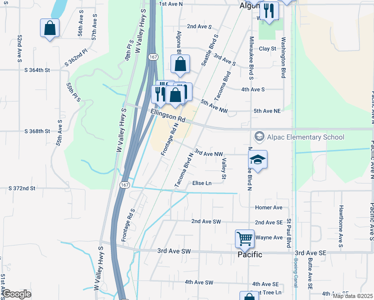 map of restaurants, bars, coffee shops, grocery stores, and more near 219 Tacoma Boulevard North in Pacific